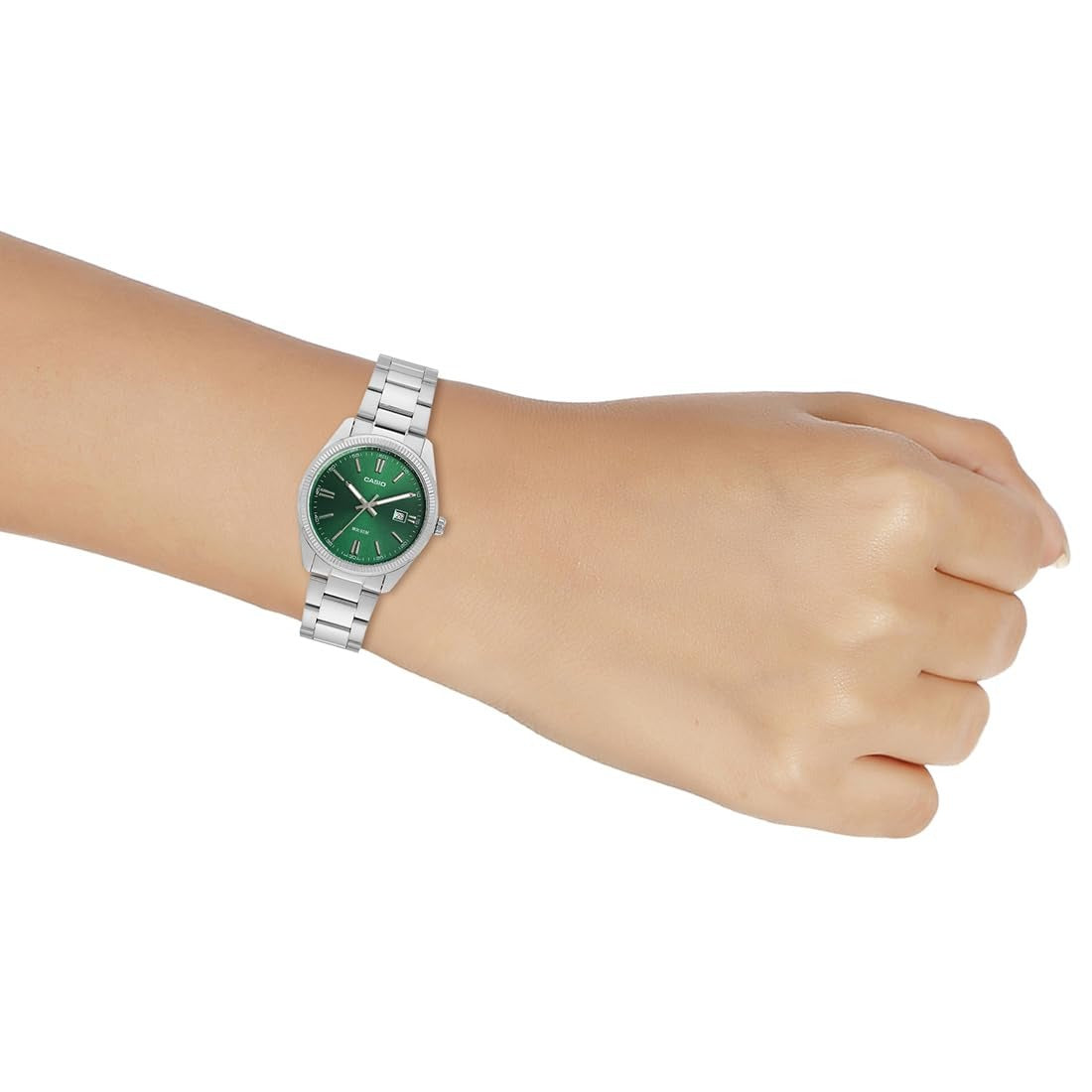 Casio Enticer Analog Green Dial Silver Stainless Steel Bracelet Men's Watch MTP-1302PD-3AVEF
