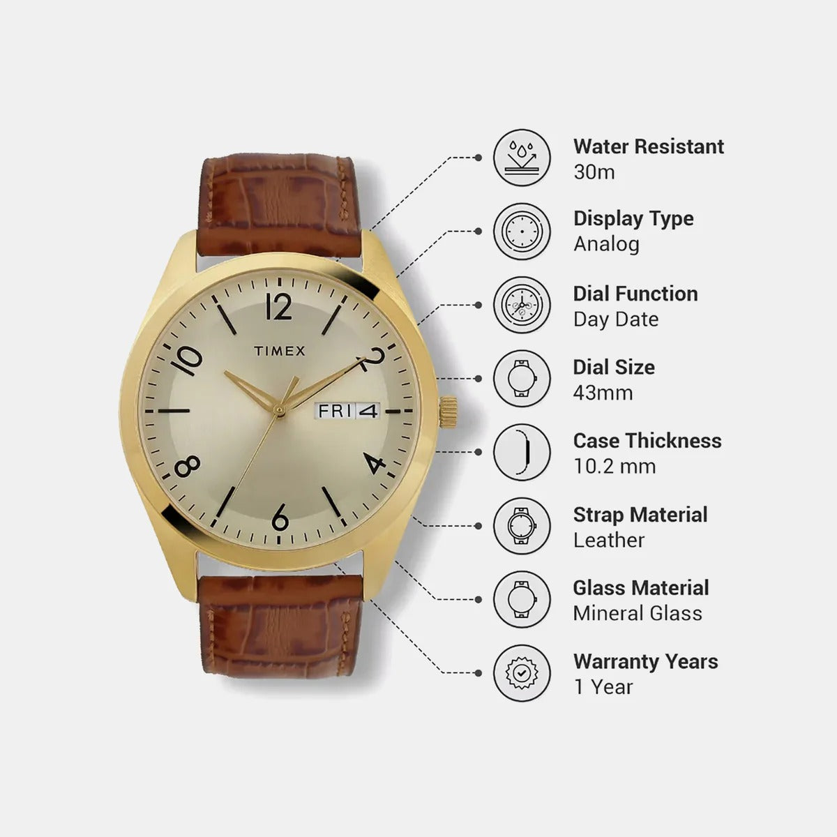 Timex Classics Quartz Champagne Dial Analog Leather Men's Watch TWTG10400
