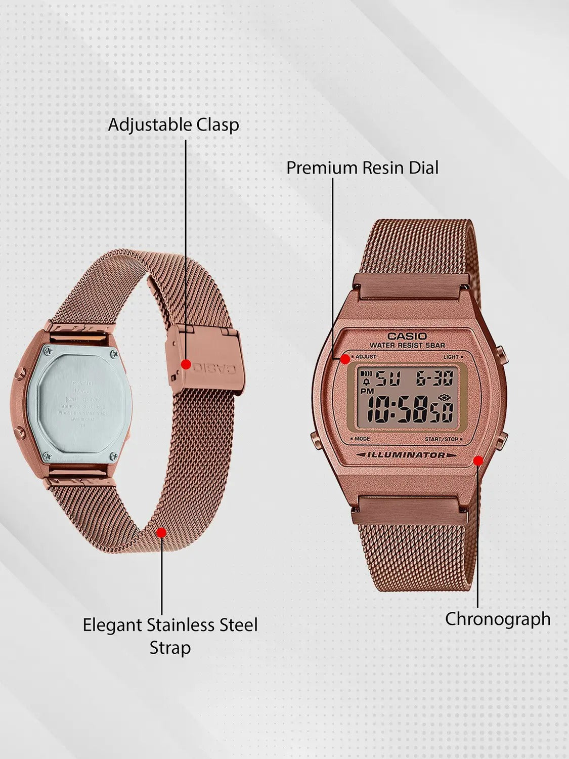 Casio Vintage Digital Rose Gold Dial Stainless Steel Mesh Band Unisex Watch B640WMR5ADF