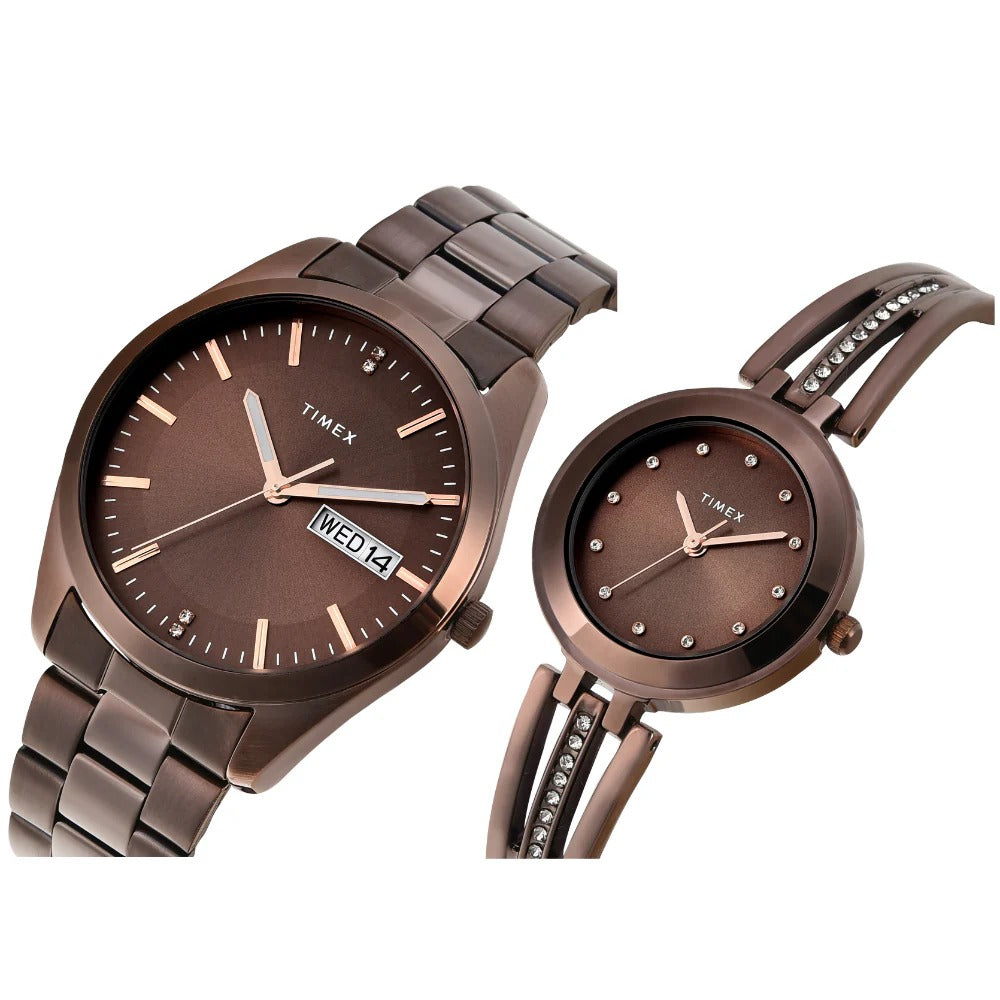 Timex Fashion Quartz Brown Dial Analog Stainless Steel Couple Watch TW00PR311