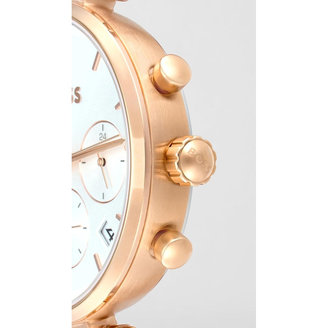 Boss Majesty Sport Women Chronograph Analog Silver White Dial Rose Gold Stainless Steel Watch 1502756