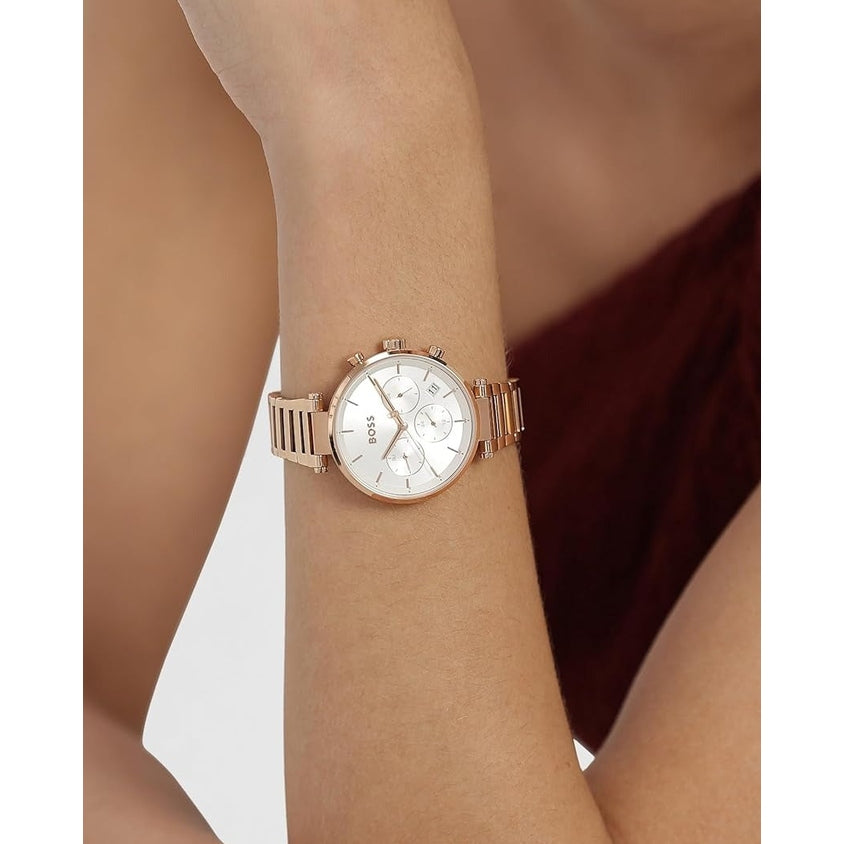 Boss Majesty Sport Women Chronograph Analog Silver White Dial Rose Gold Stainless Steel Watch 1502756