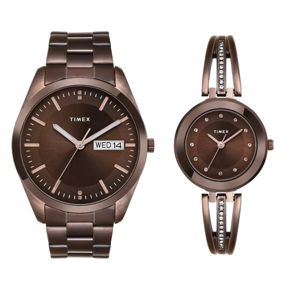 Timex Fashion Quartz Brown Dial Analog Stainless Steel Couple Watch TW00PR311