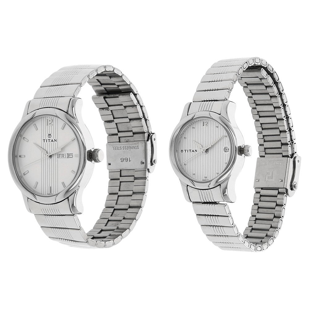 Titan Quartz Analog with Day and Date Silver Dial Stainless Steel Strap Watch for Couple - NU15802490SM03