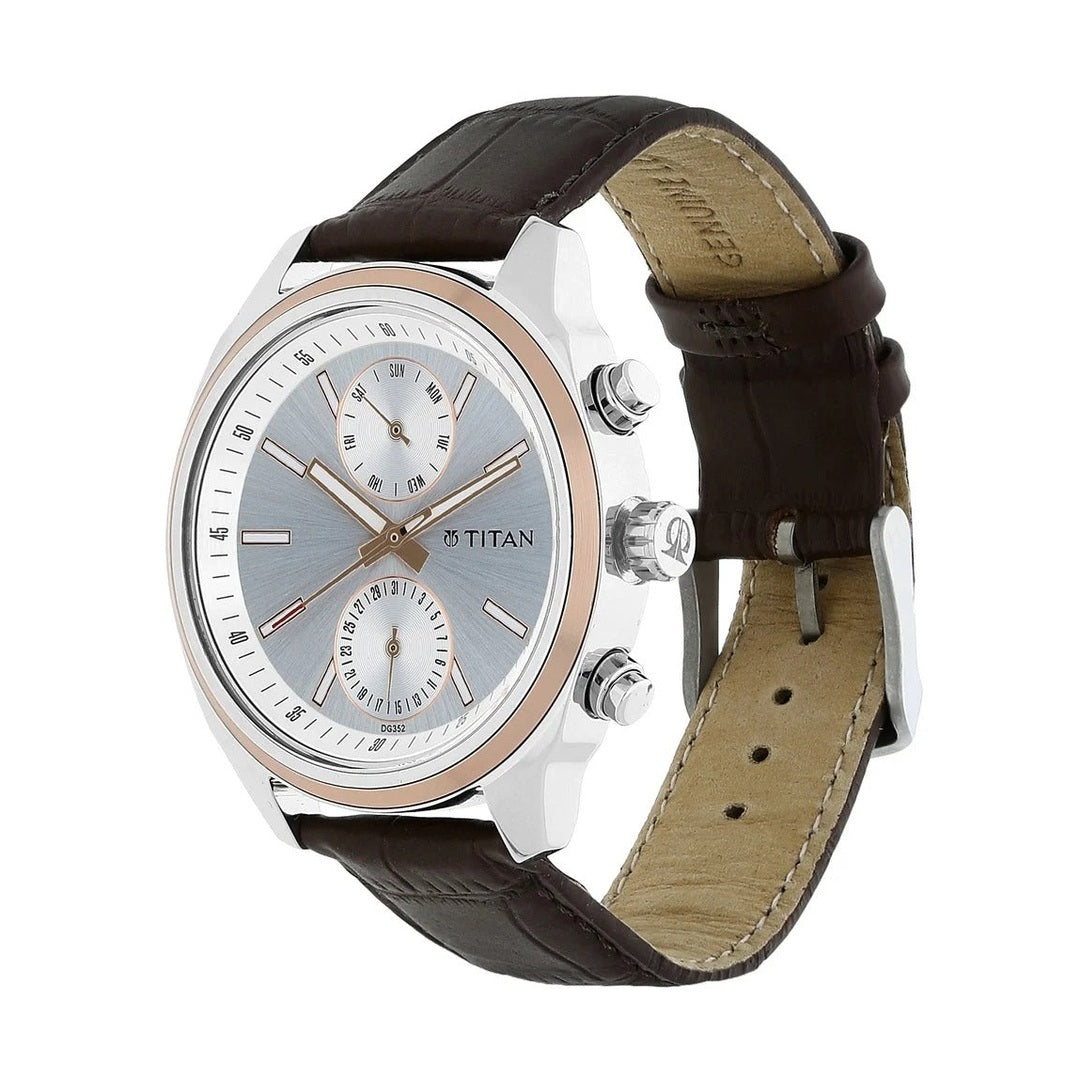 Titan Quartz Multifunction Silver Dial Leather Strap Watch for Men - NU1733KL02