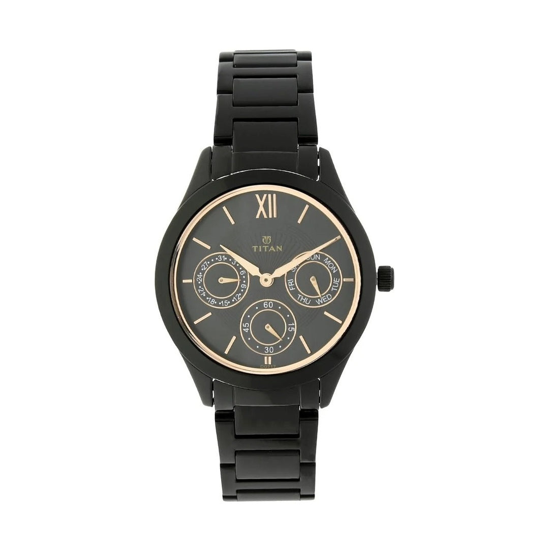 Titan Quartz Analog with Day and Date Black Dial Stainless Steel Strap Watch for Women - NT2570NM01