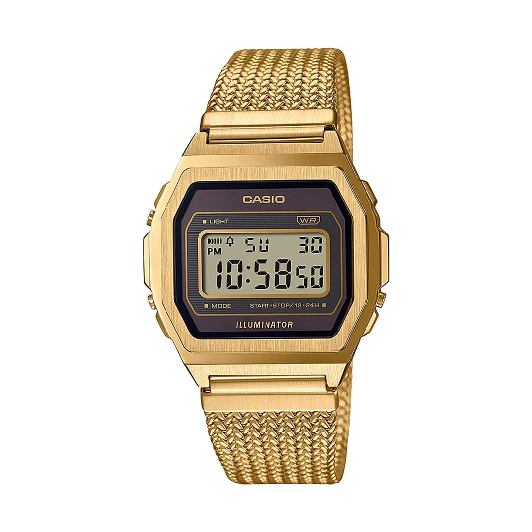 Casio Vintage Digital Black Dial Gold Stainless Steel Unisex Watch A1000MGA-5
