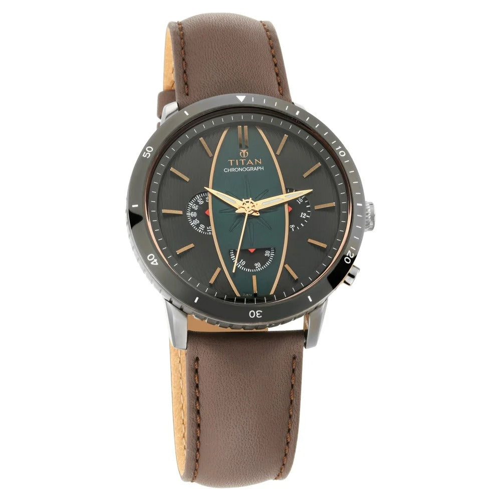 Titan Quartz Chronograph Green Dial Leather Strap Watch for Men - NQ1832KL01