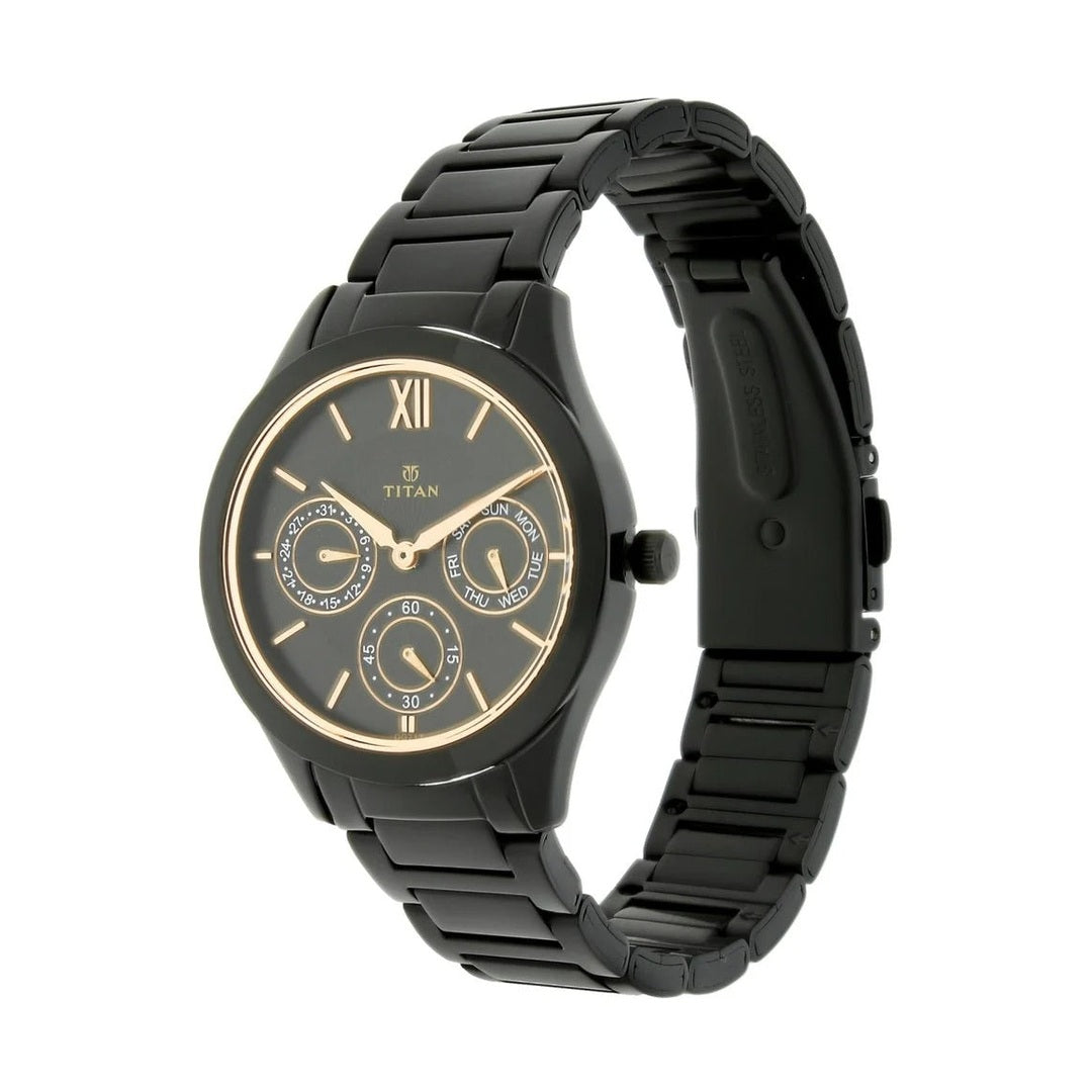 Titan Quartz Analog with Day and Date Black Dial Stainless Steel Strap Watch for Women - NT2570NM01