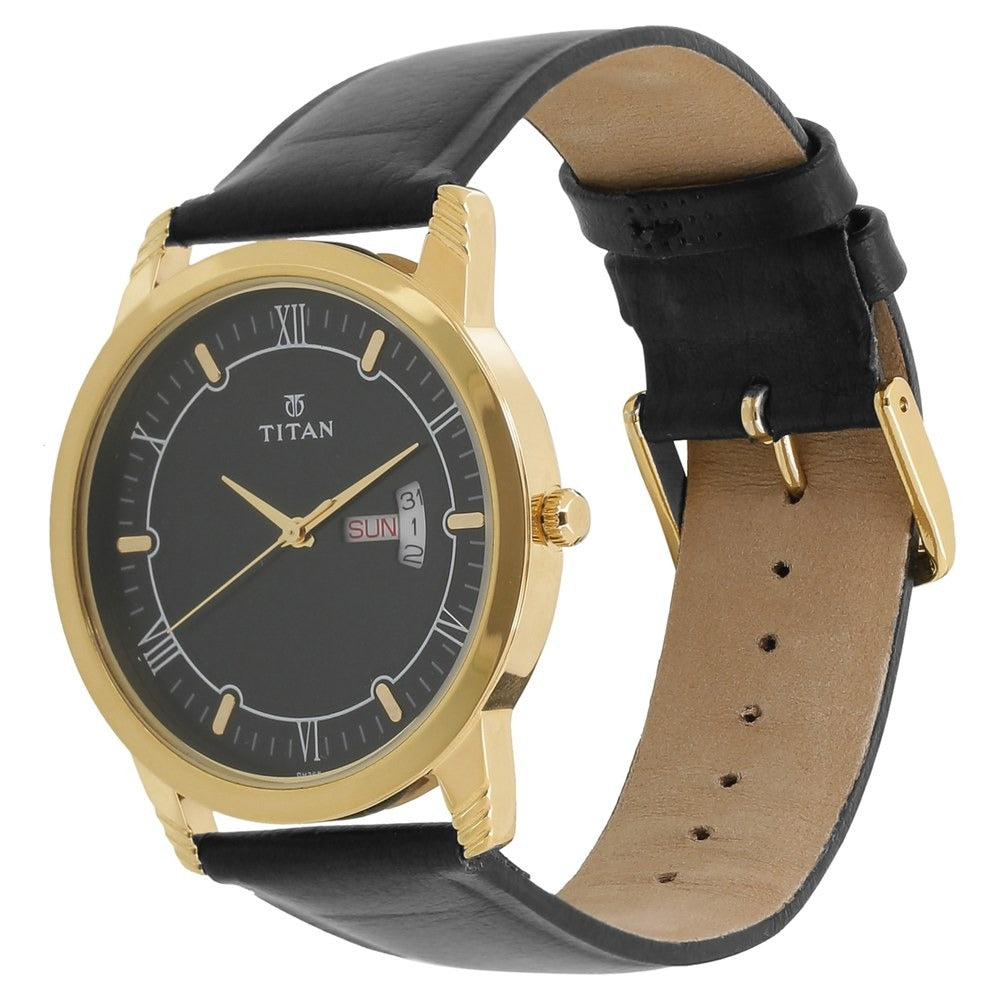 Titan Analog Black Dial Day and Date Leather Strap watch for Men - NP1774YL01