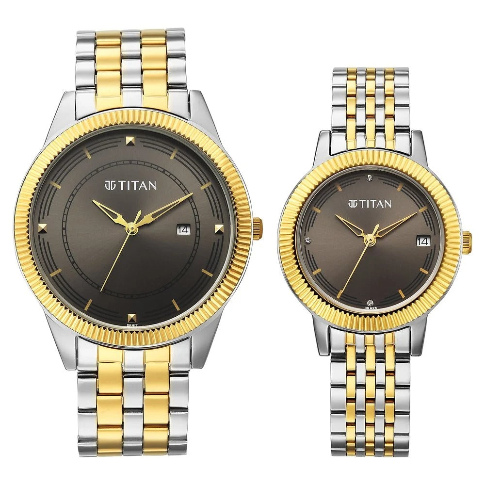 Titan Bandhan Eternal Pair Analog with Date and Gun Dial Dual Tone Stainless Steel Strap Watch for Couples - 19682968BM01