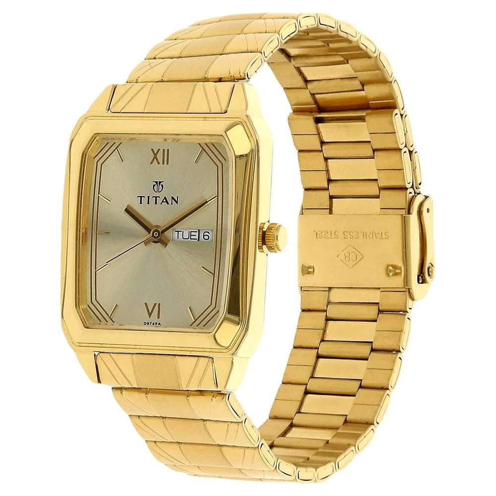 Titan Quartz Analog with Day and Date Champagne Dial Stainless Steel Strap Watch for Men - NU1581YM05