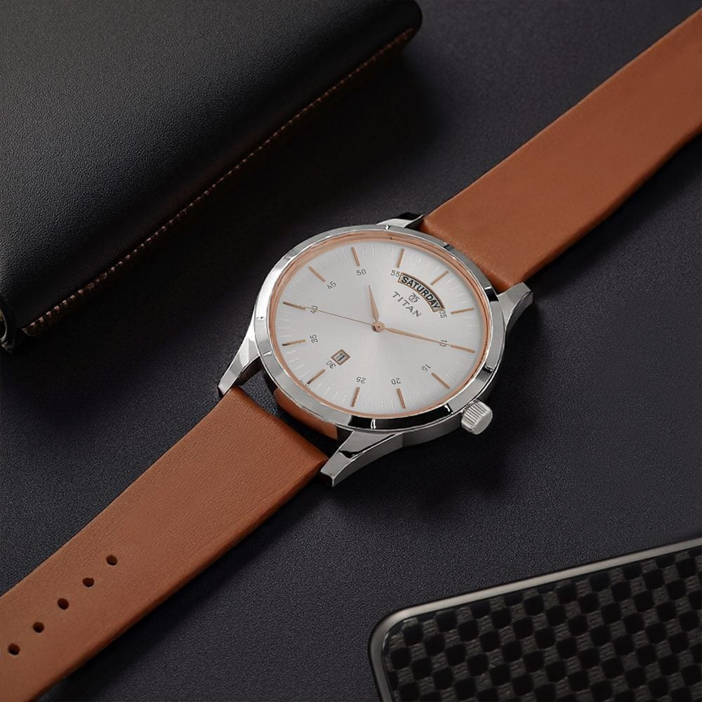 Titan On Trend White Dial Analog with Day and Date Leather Strap watch for Men - NU1767SL01
