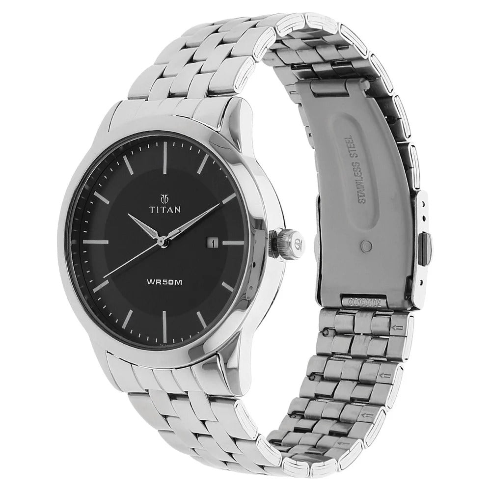 Titan Quartz Analog with Date Black Dial Stainless Steel Strap Watch for Men - NU1584SM04