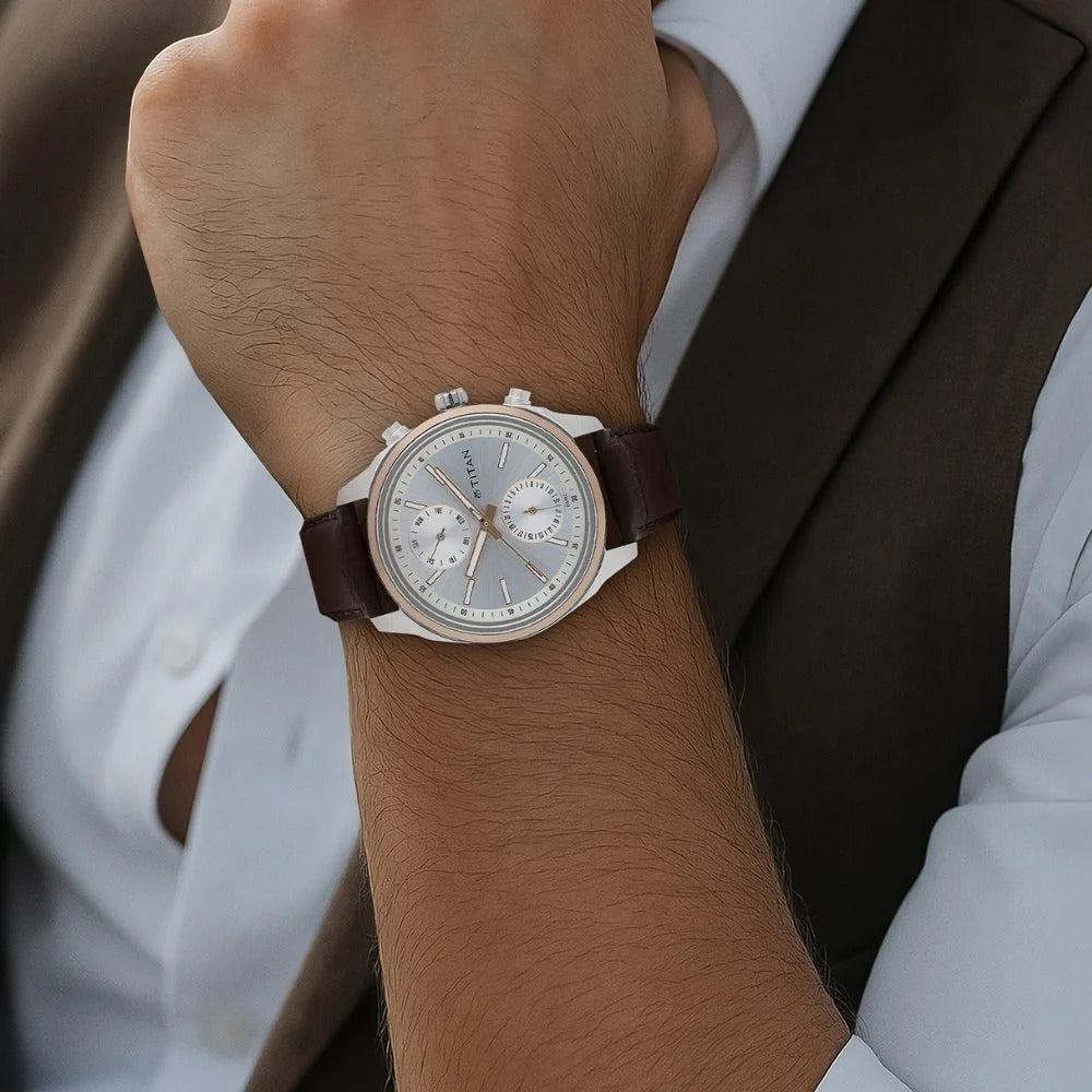 Titan Quartz Multifunction Silver Dial Leather Strap Watch for Men - NU1733KL02