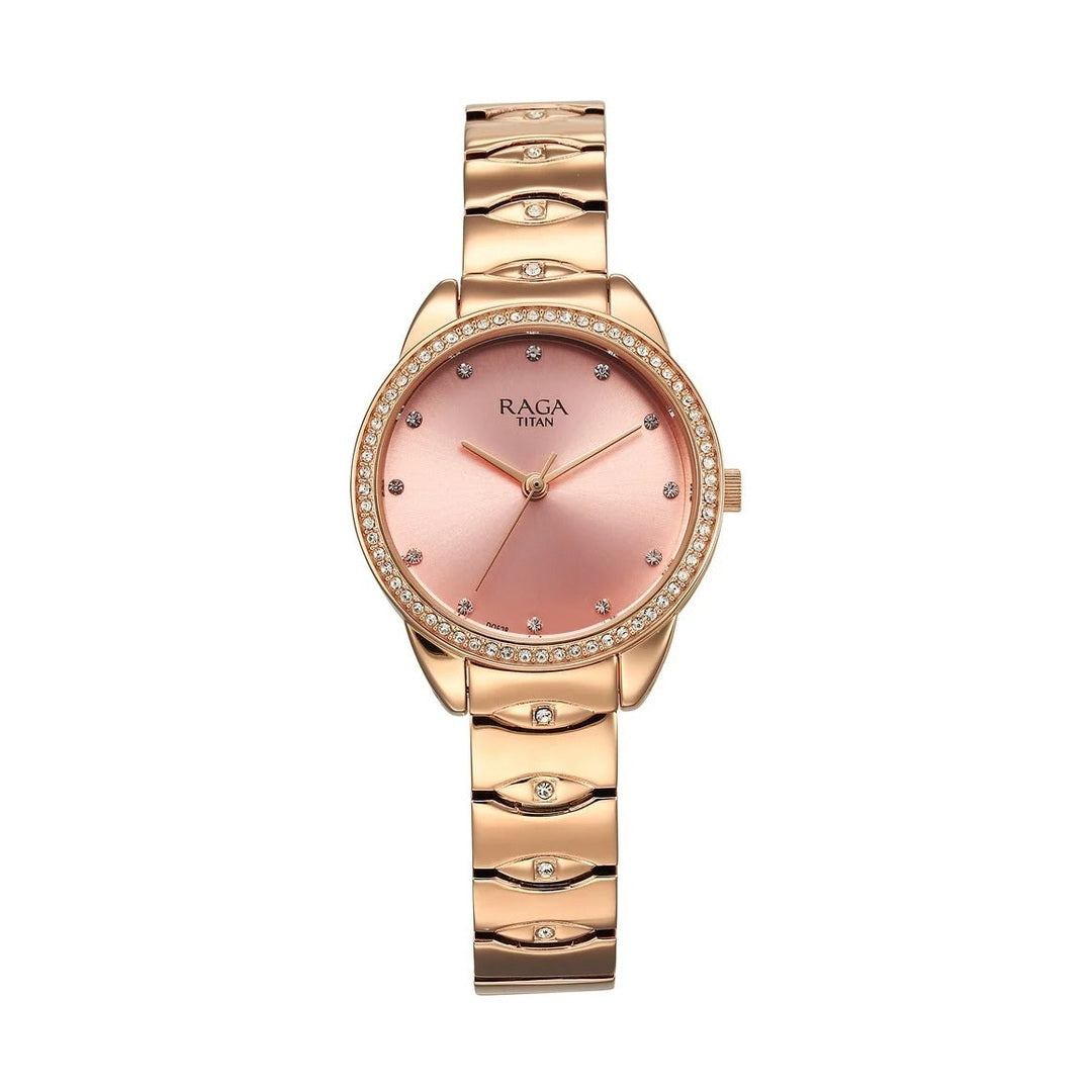 Titan Raga Showstopper Quartz Analog Pink Round Dial Rose Gold Metal Strap Watch For Women - NU95281WM01
