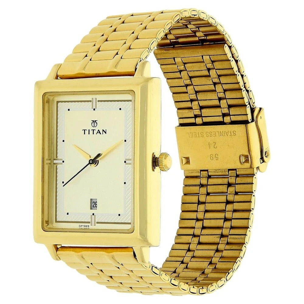 Titan Quartz Analog with Date Champagne Dial Golden Stainless Steel Strap Rectangular Shaped Watch For Men - NU1715YM02