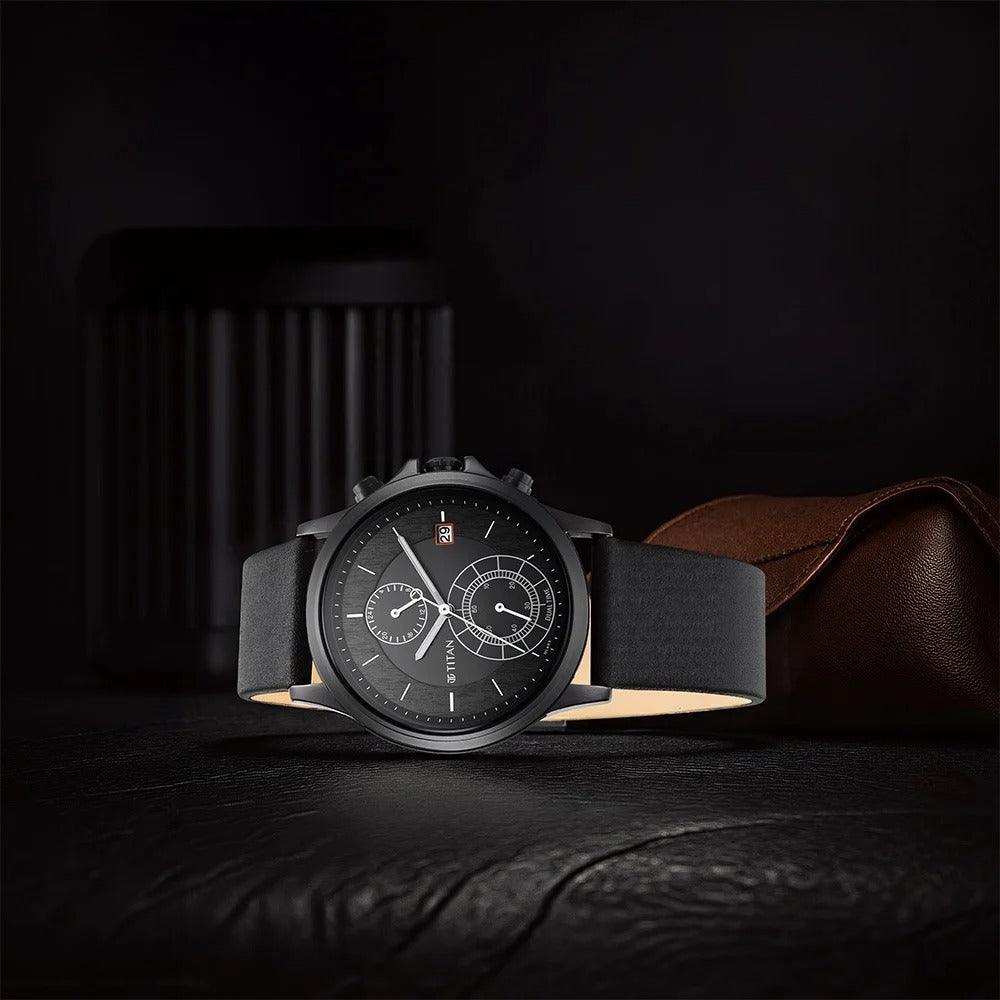 Titan Workwear Black Dial Dual Time Leather Strap watch for Men - NU1870NL01