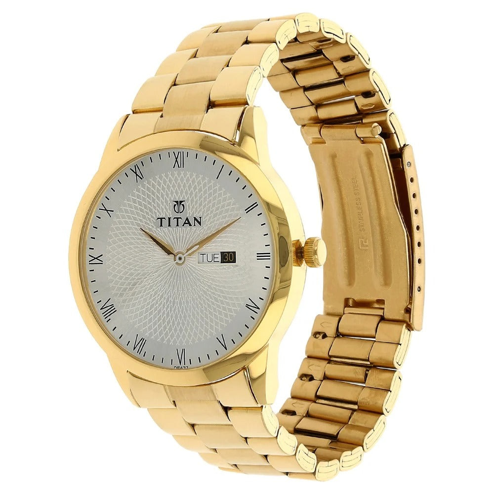 Titan Quartz Analog with Day and Date Silver Round Dial Golden Stainless Steel Strap Watch For Men - NU1584YM02
