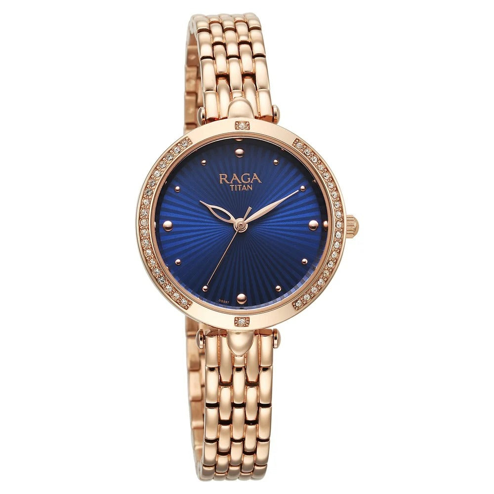Titan Raga Showstopper Quartz Analog Blue Dial Rose Gold Metal Strap Watch For Women - NU95266WM01