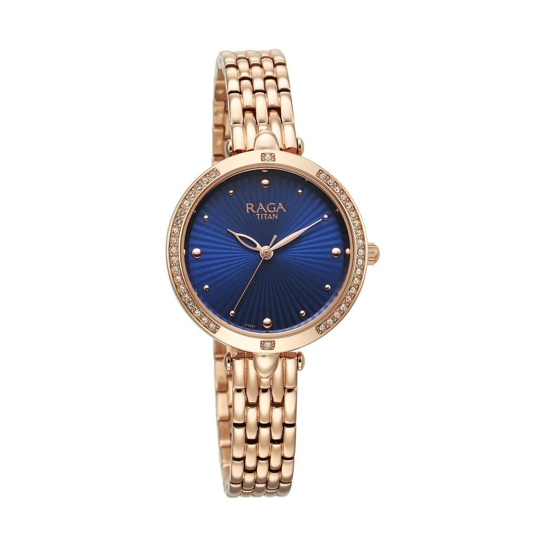 Titan Raga Showstopper Quartz Analog Blue Dial Rose Gold Metal Strap Watch For Women - NU95266WM01