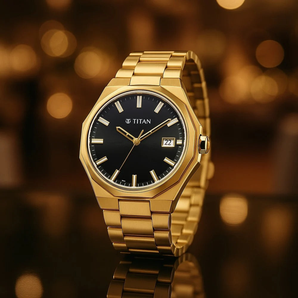 Titan Regalia Dodecagon Quartz Analog with Date Black Dial Golden Stainless Steel Strap Watch For Men - NU90212YM01