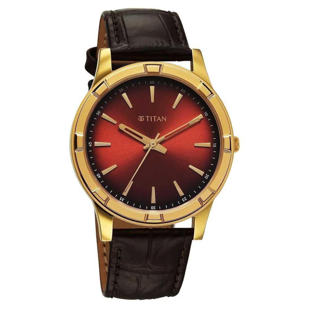 Titan Karishma Festive Analog with Mahogany Brown Dial Brown Leather Strap Watch for Men - 10058YL01