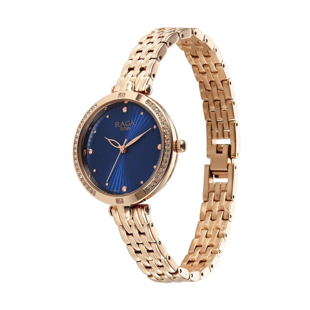 Titan Raga Showstopper Quartz Analog Blue Dial Rose Gold Metal Strap Watch For Women - NU95266WM01