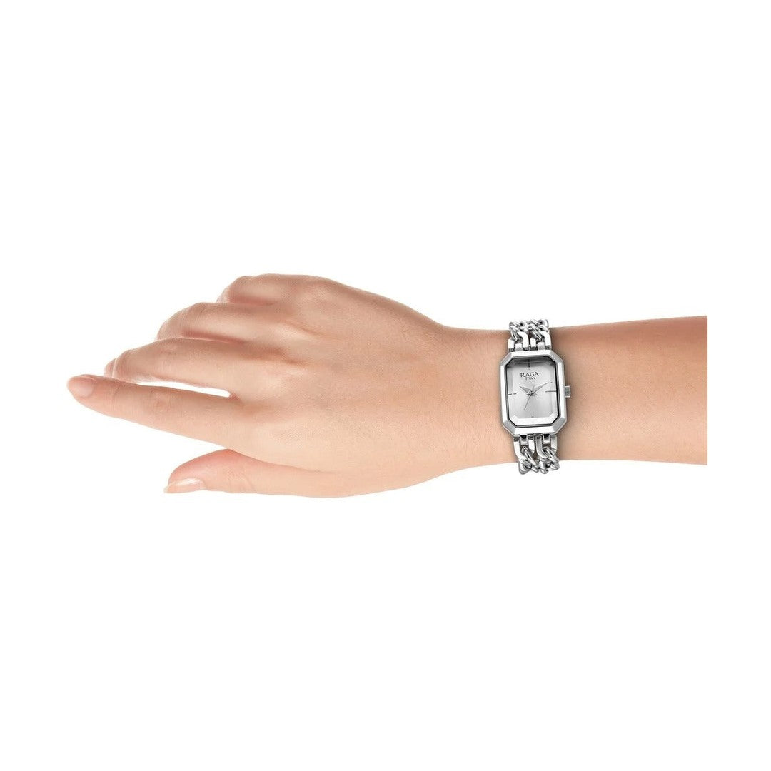 Titan Raga Showstopper Quartz Analog Silver Dial Silver Metal Strap Rectangular Shaped Watch For Women - NU95283SM01