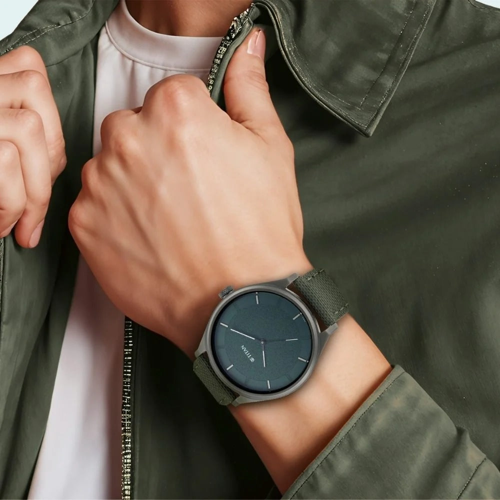 Titan Workwear Green Dial Analog Leather Strap Watch for Men - NU1802NL02