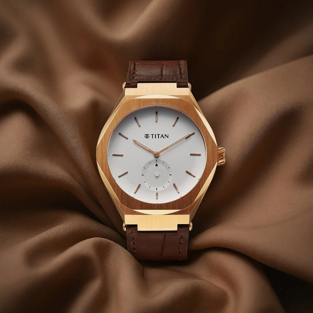 Titan Contour Analog with Small Second and White Dial Brown Leather Strap Watch for Men - NU90210WL01