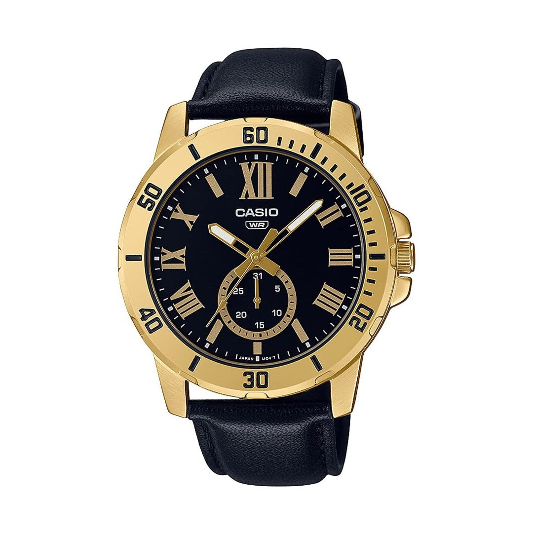 Casio Enticer Analog Black Dial Gold Stainless Steel Case Black Leather Strap Men's Watch MTP-VD200GL-1BUDF [A2074]