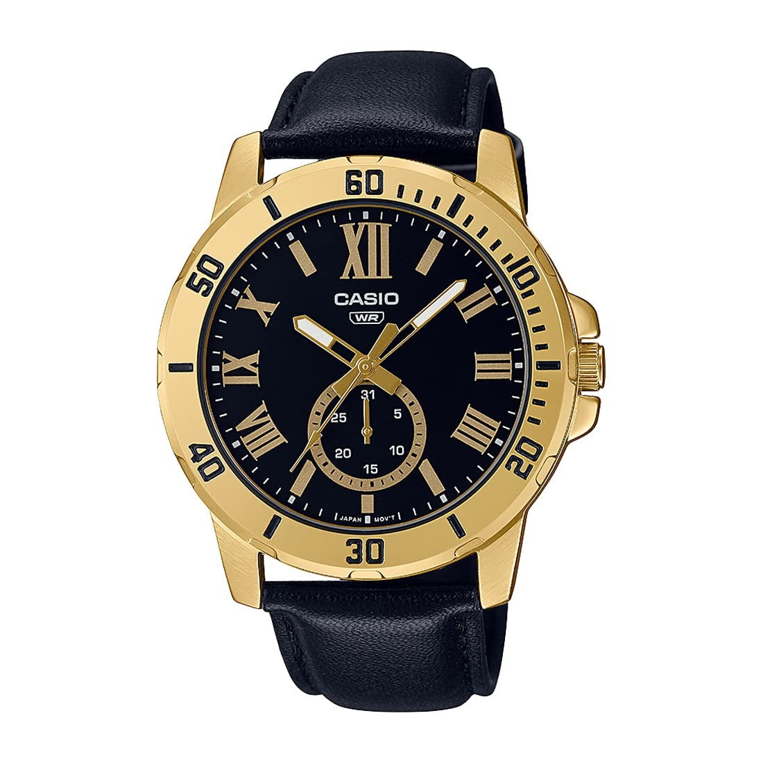 Casio Enticer Analog Black Dial Gold Stainless Steel Case Black Leather Strap Men's Watch MTP-VD200GL-1BUDF (A2074)