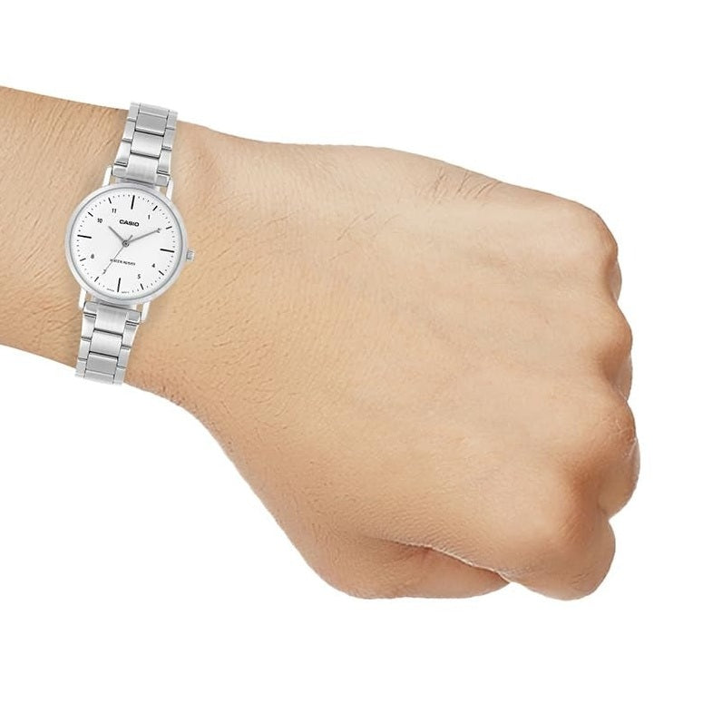 Casio Enticer Silver White Dial Stainless Steel Leather Analog Watch LTP-VT03D-7BDF