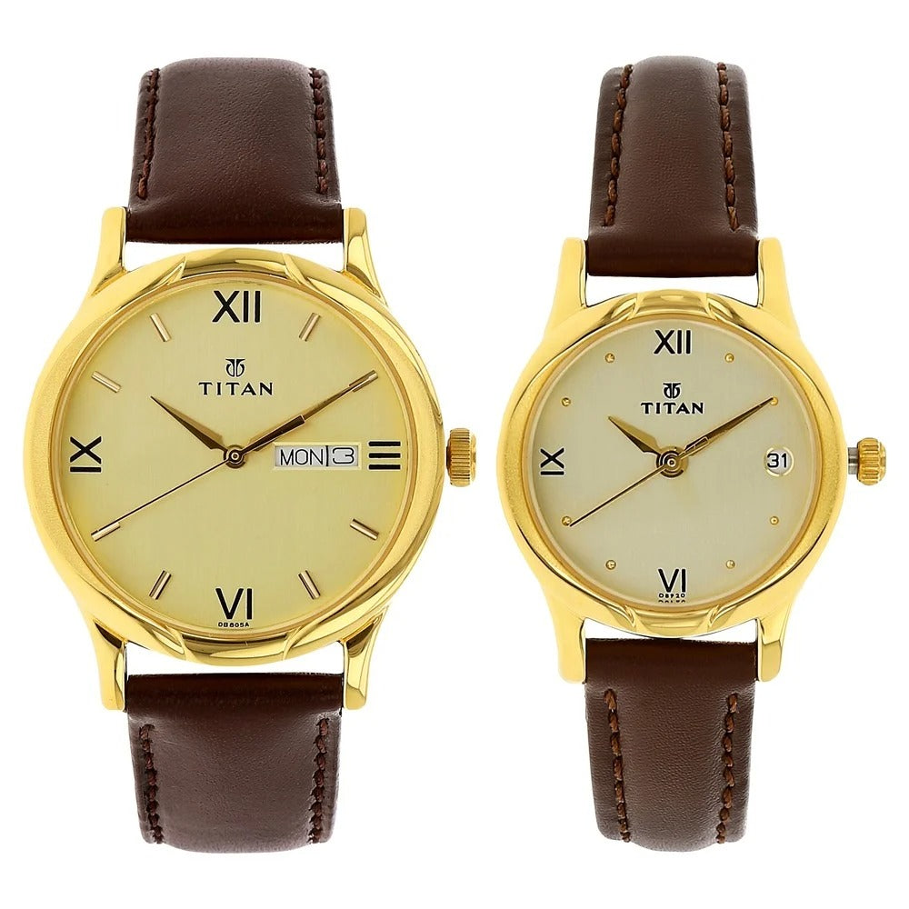 Titan Quartz Analog with Day and Date Champagne Dial Leather Strap Watch for Couple - NU15802490YL05