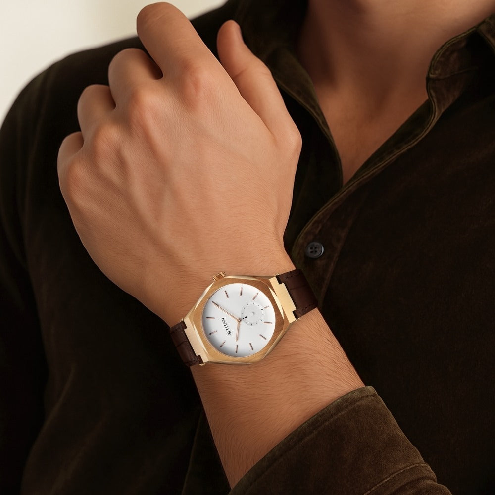 Titan Contour Analog with Small Second and White Dial Brown Leather Strap Watch for Men - NU90210WL01