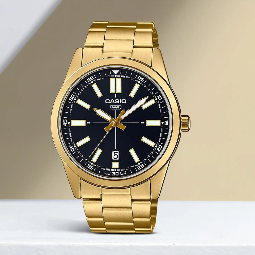Casio Enticer Analog Black Dial Gold Stainless Steel Strap Men's Watch MTP-VD02G-1E  [A501]