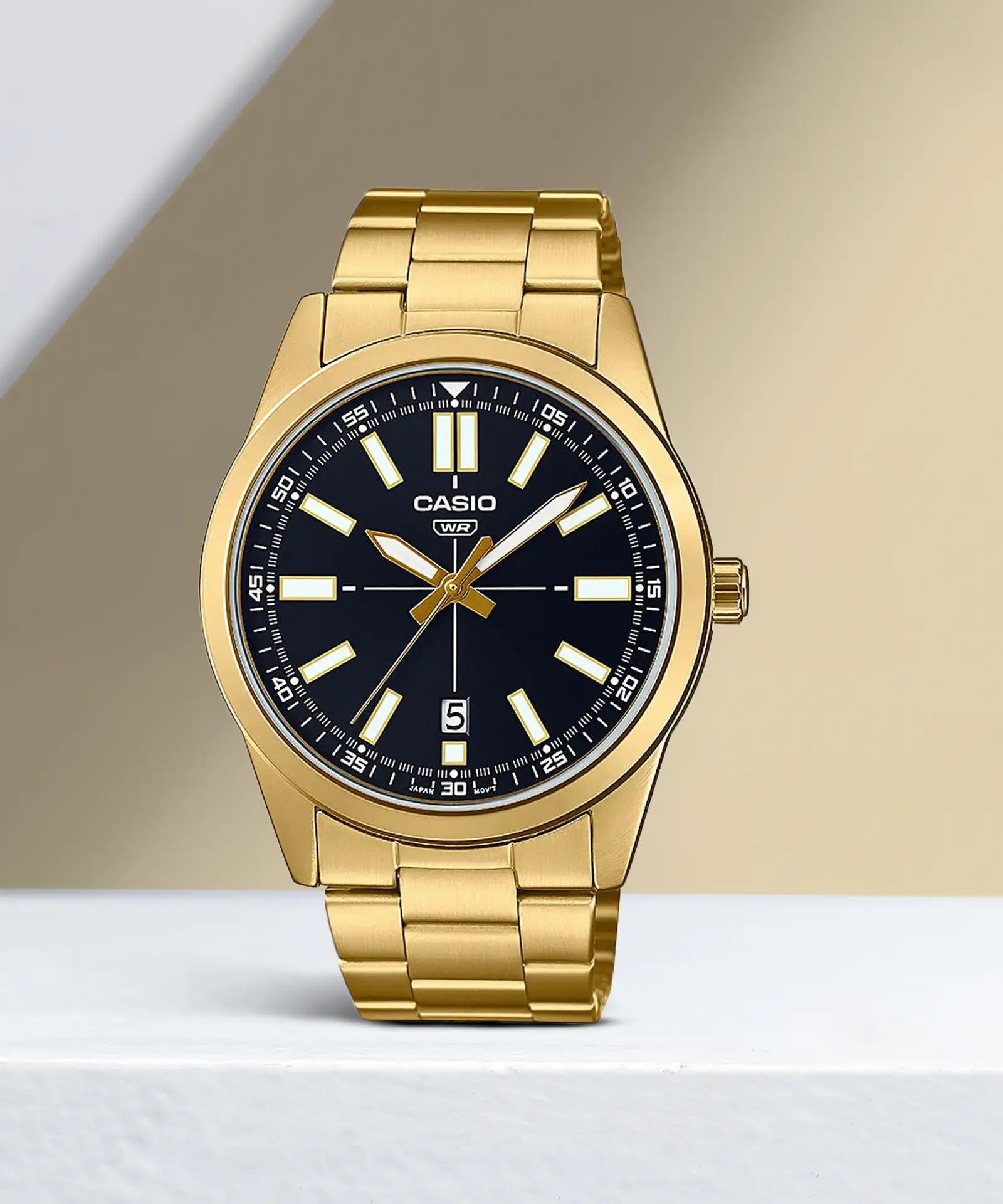 Casio Enticer Analog Black Dial Gold Stainless Steel Strap Men's Watch MTP-VD02G-1E  [A501]
