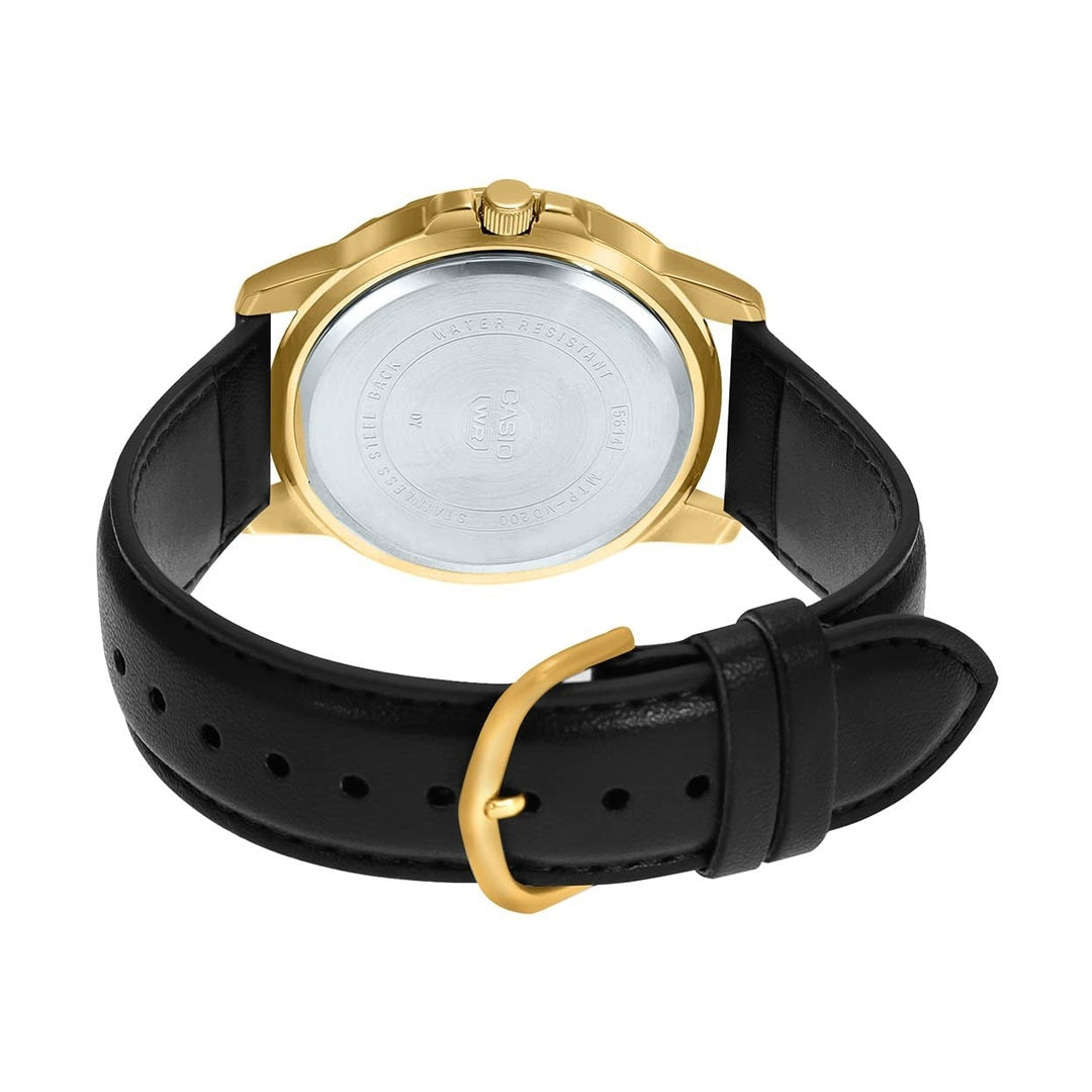 Casio Enticer Analog Black Dial Gold Stainless Steel Case Black Leather Strap Men's Watch MTP-VD200GL-1BUDF [A2074]
