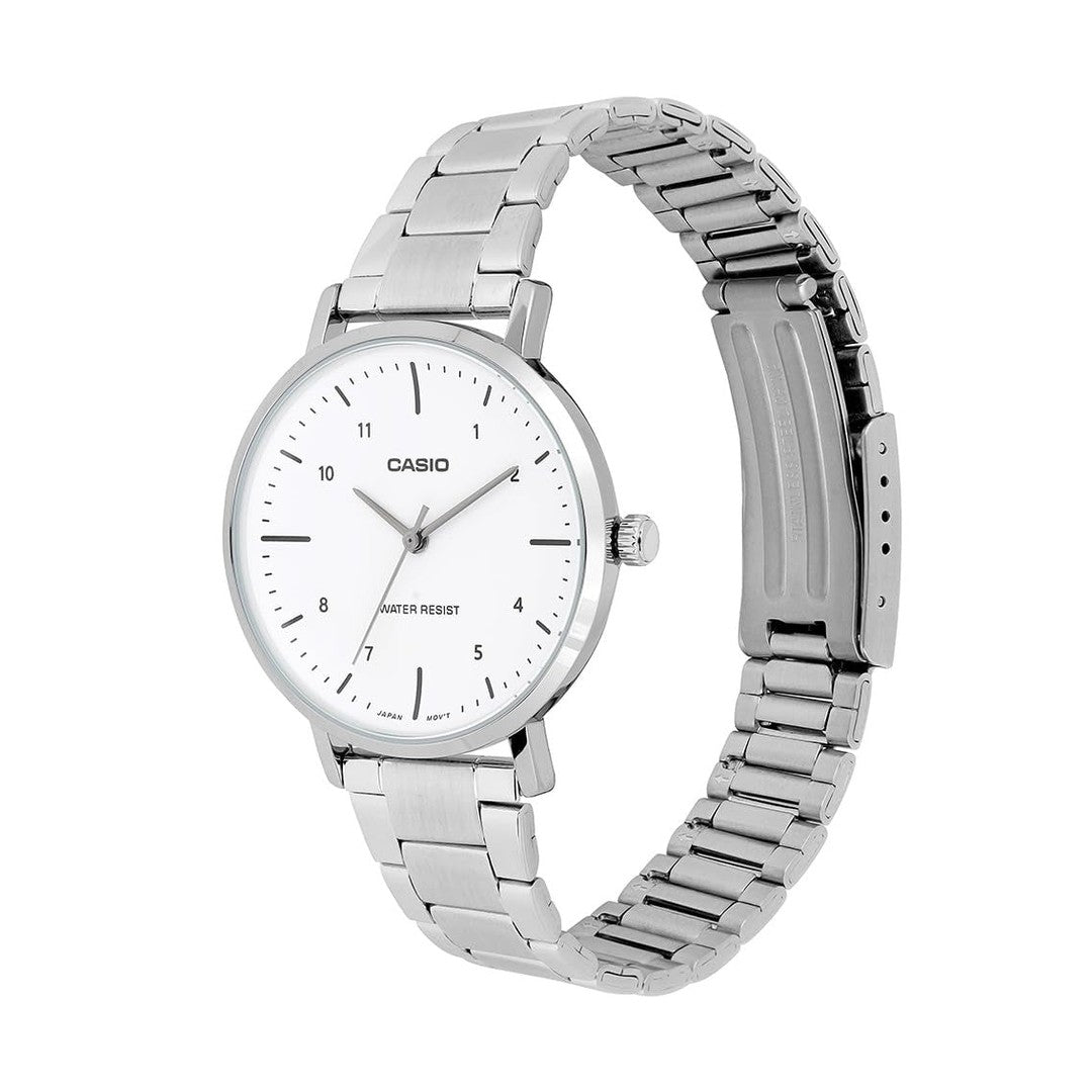 Casio Enticer Silver White Dial Stainless Steel Leather Analog Watch LTP-VT03D-7BDF