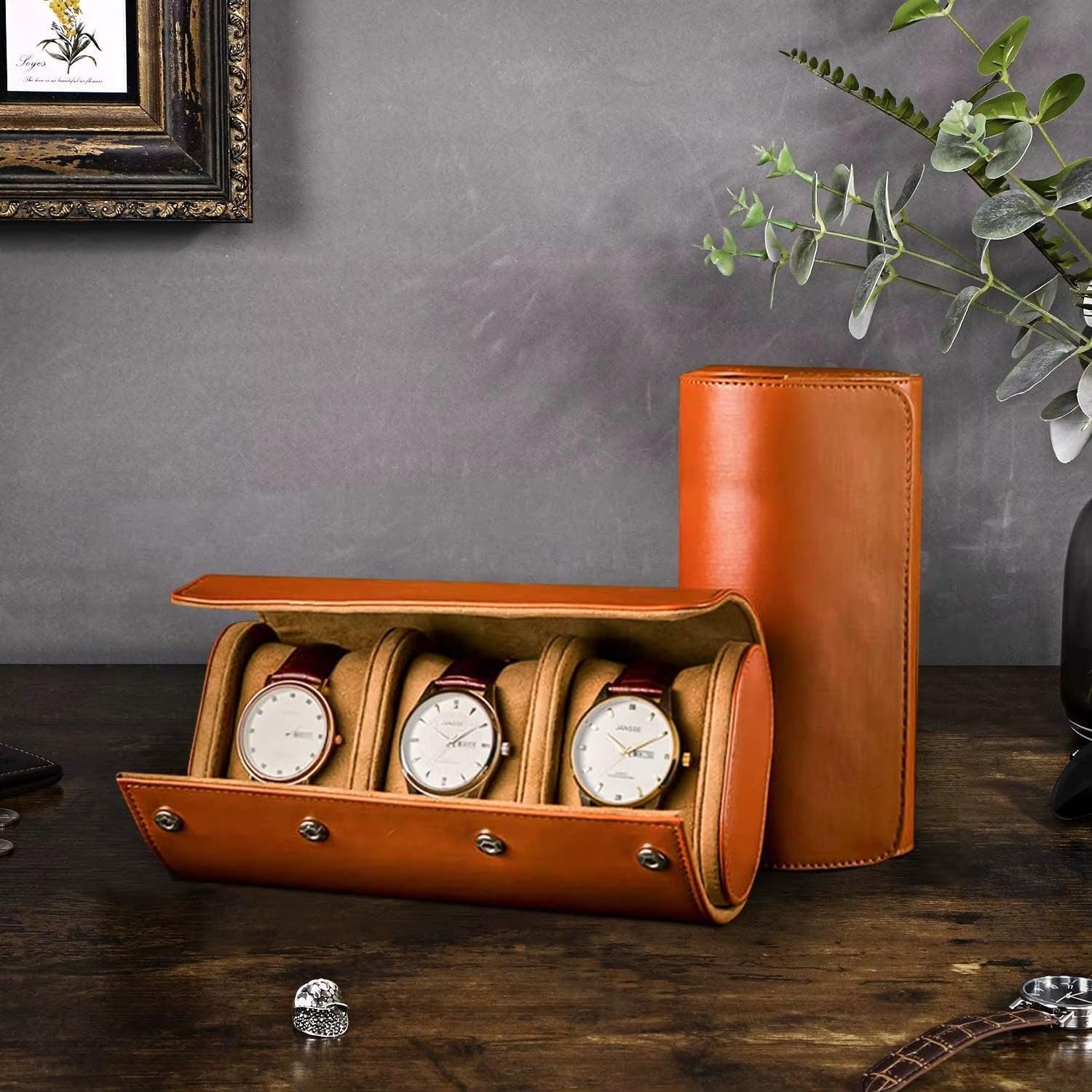 Luxury 3 Slot Leather Watch Roll Case – Premium Travel Watch Organizer for Men & Women – Bronze