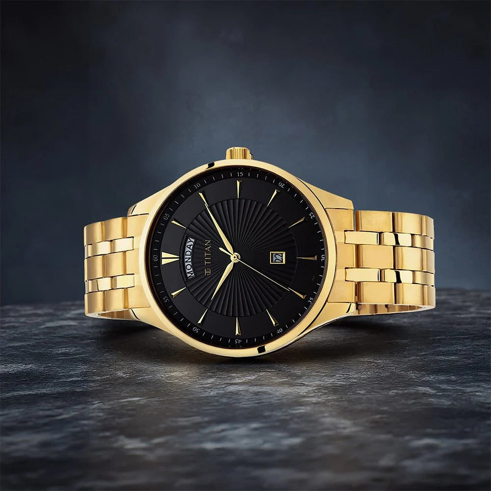 Titan Regalia Opulent Black Dial Analog with Day and Date Stainless Steel Strap watch for Men - NU90127YM02