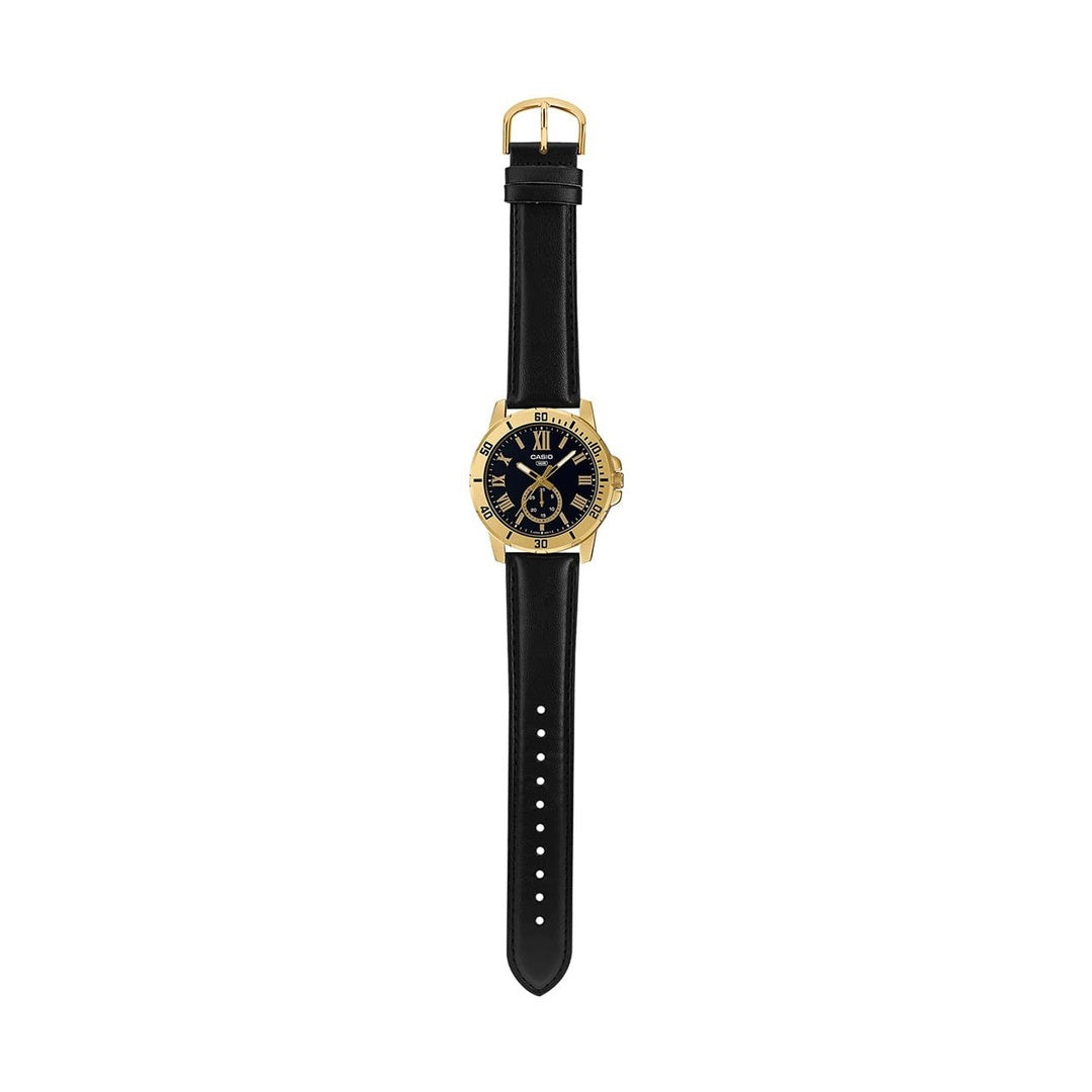 Casio Enticer Analog Black Dial Gold Stainless Steel Case Black Leather Strap Men's Watch MTP-VD200GL-1BUDF [A2074]