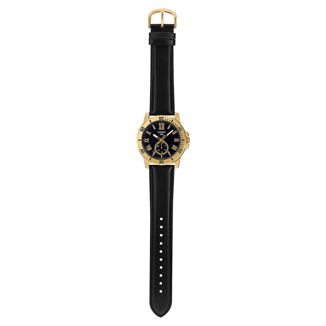 Casio Enticer Analog Black Dial Gold Stainless Steel Case Black Leather Strap Men's Watch MTP-VD200GL-1BUDF (A2074)