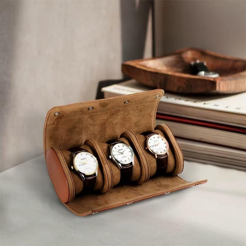 Luxury 3 Slot Leather Watch Roll Case – Premium Travel Watch Organizer for Men & Women – Bronze
