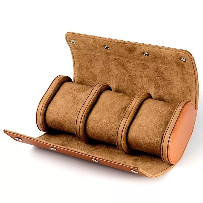 Luxury 3 Slot Leather Watch Roll Case – Premium Travel Watch Organizer for Men & Women – Bronze