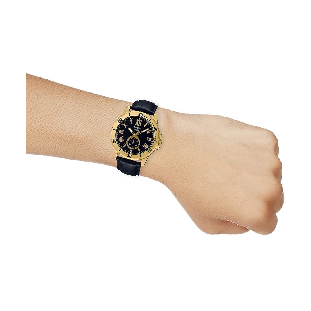 Casio Enticer Analog Black Dial Gold Stainless Steel Case Black Leather Strap Men's Watch MTP-VD200GL-1BUDF [A2074]