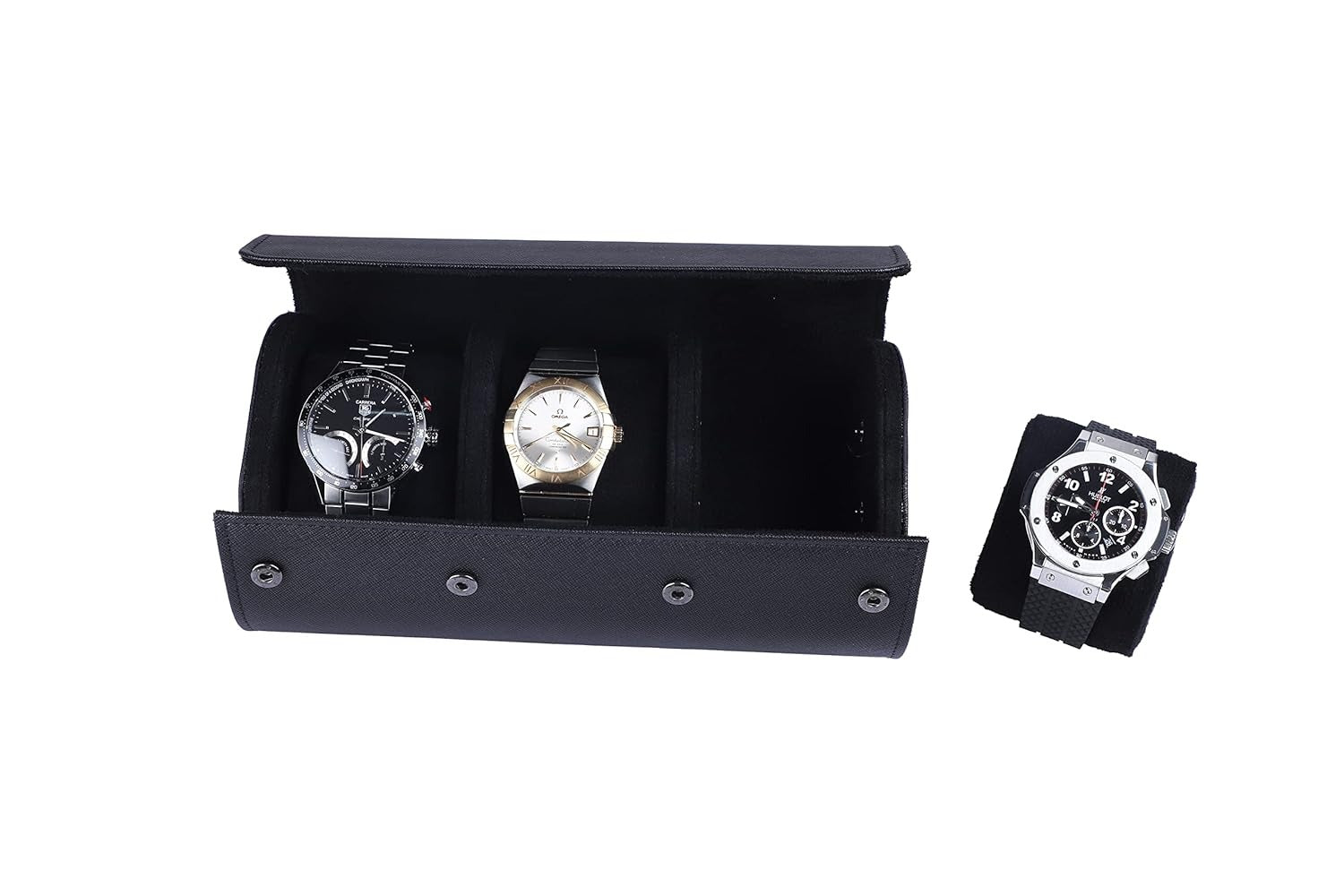 Luxury 3 Slot Leather Watch Roll Case – Premium Travel Watch Organizer for Men & Women – Black