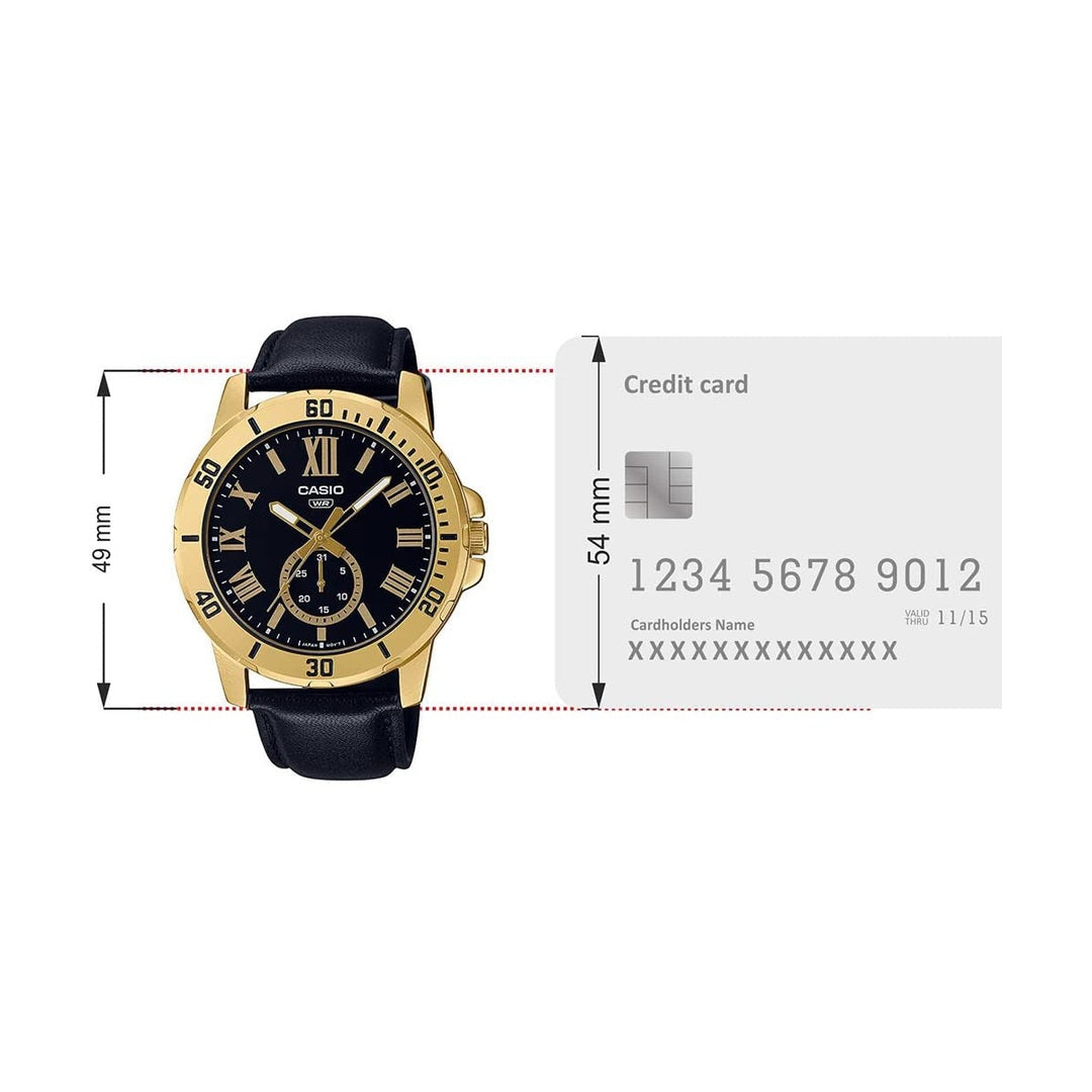 Casio Enticer Analog Black Dial Gold Stainless Steel Case Black Leather Strap Men's Watch MTP-VD200GL-1BUDF [A2074]