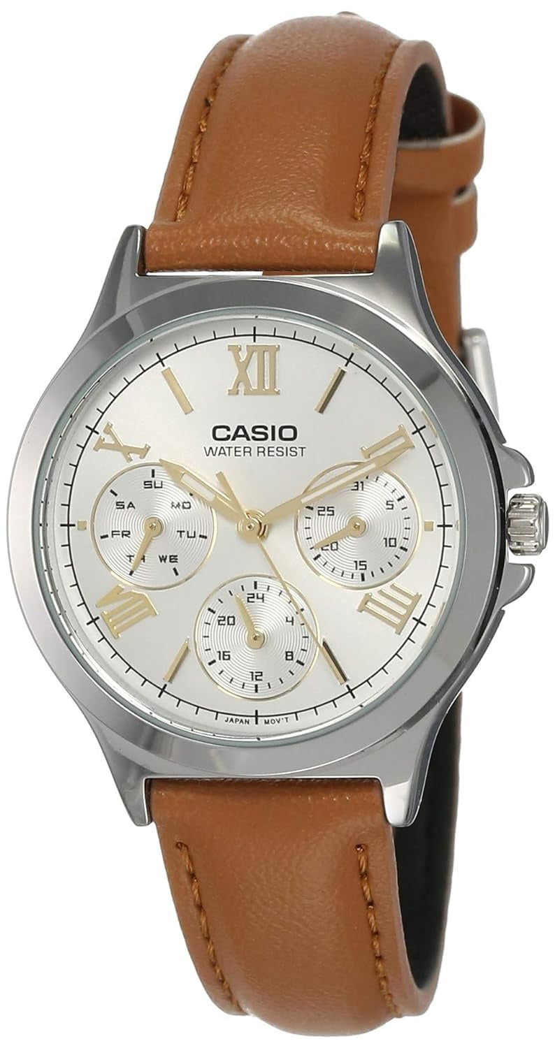 Casio Enticer Analog White Dial Stainless Steel Brown Leather strap Women's Watch LTP-V300L-7A2UDF (A1703)